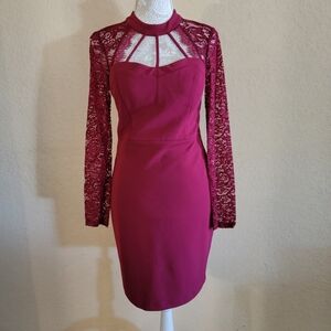 Guess Women's Lace Sleeve Sweetheart Burgandy Sheath Dress Sz 6